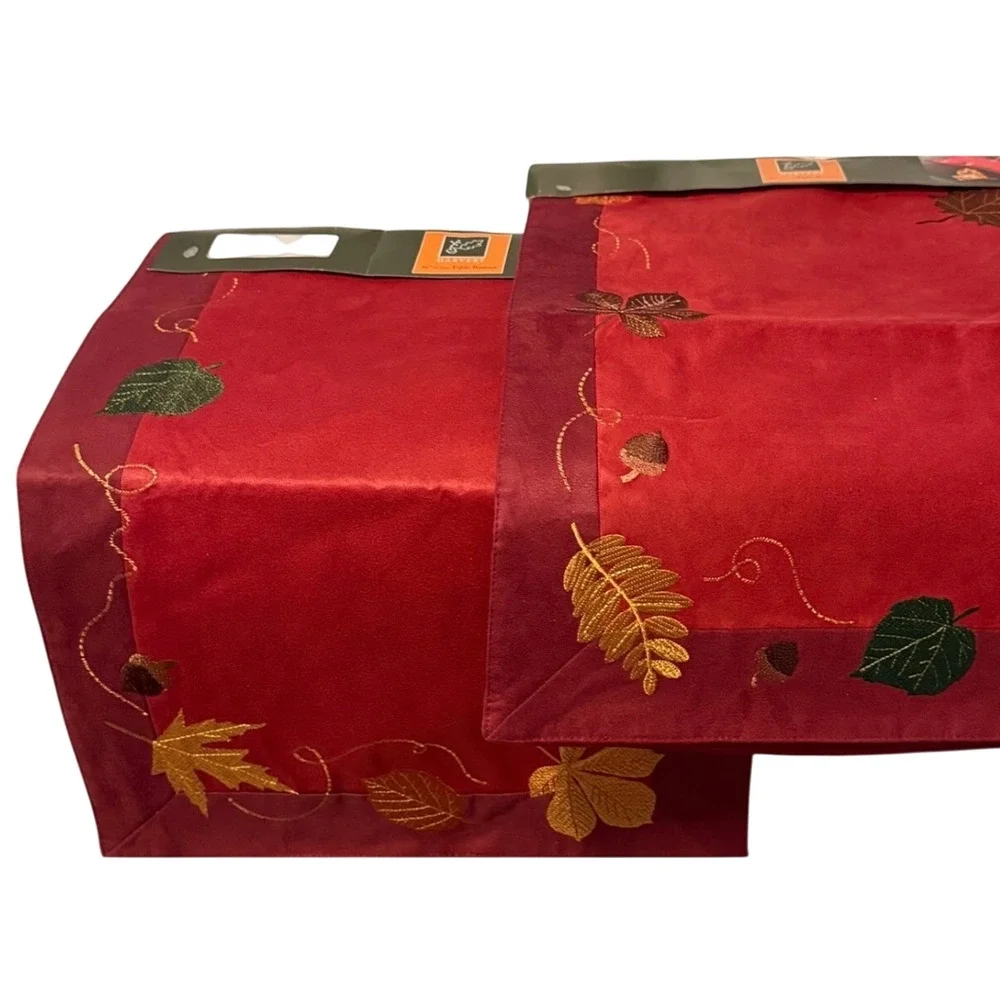 Fall Home Decor Table Runner Set of 2 Embroidered Leave Lined Microsuede 36